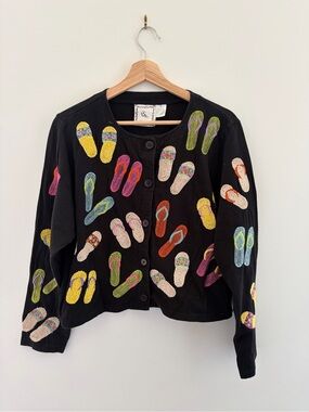 Vintage 90ies Michael Simon Black Button Jacket with Colourful Embroidery, X